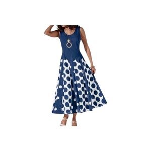 Retro Summer Maxi Dress Studio EY All the Dots Flowy Sundress Blue size L Large